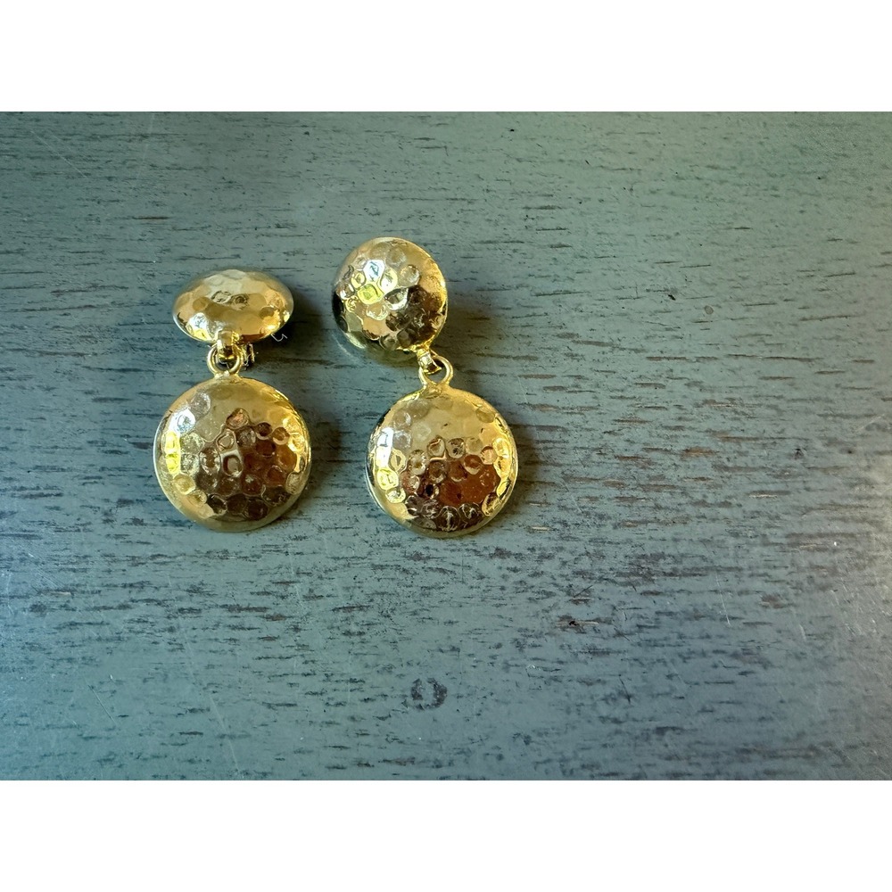 Vintage Gold Tone Hammered Double Circle Drop Clip On Earrings Statement Jewelry